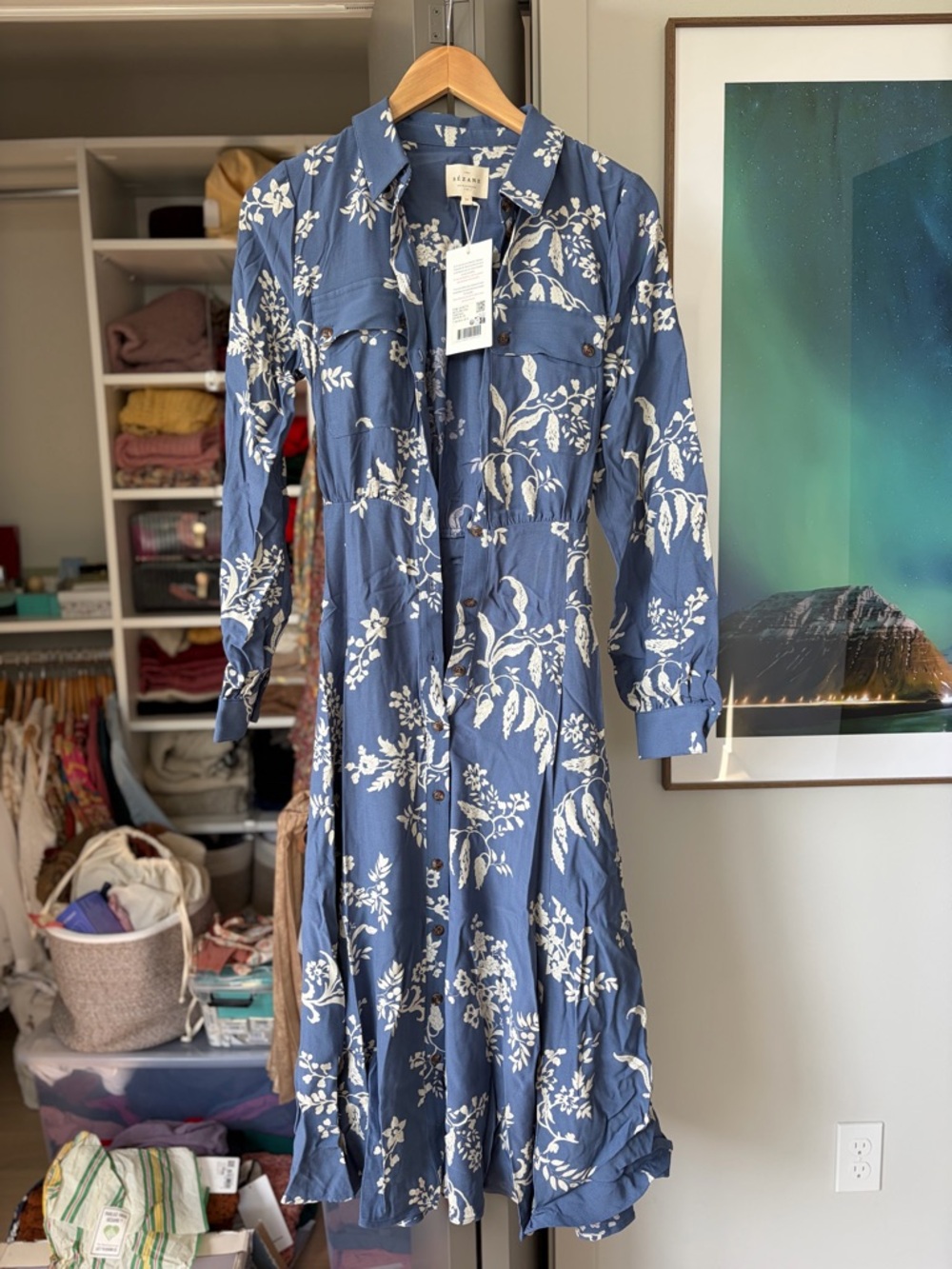Sezane Lauretta Blue and White Floral Midi Dress, size 36 / US 4 - Picture 2 of 7
